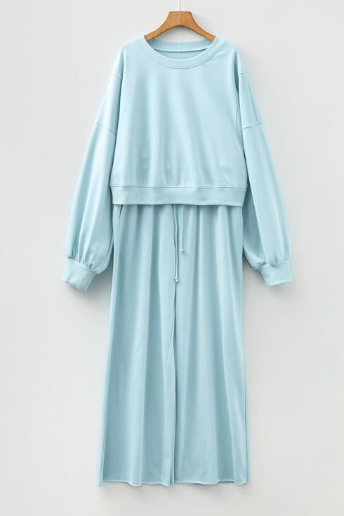 Puff Sleeve Crop Pullover Drawstring Wide Leg Pant Set