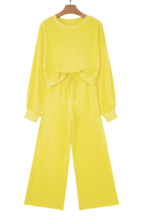Puff Sleeve Crop Pullover Drawstring Wide Leg Pant Set