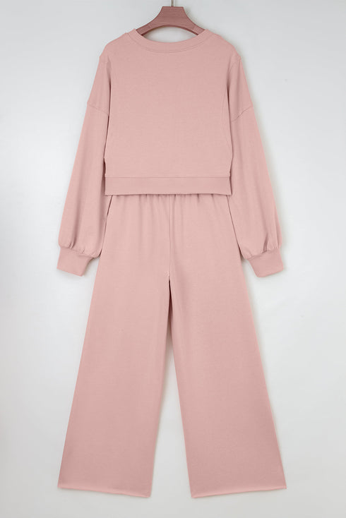 Puff Sleeve Crop Pullover Drawstring Wide Leg Pant Set