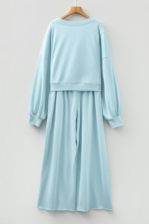 Puff Sleeve Crop Pullover Drawstring Wide Leg Pant Set