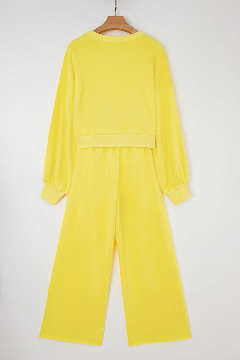 Puff Sleeve Crop Pullover Drawstring Wide Leg Pant Set