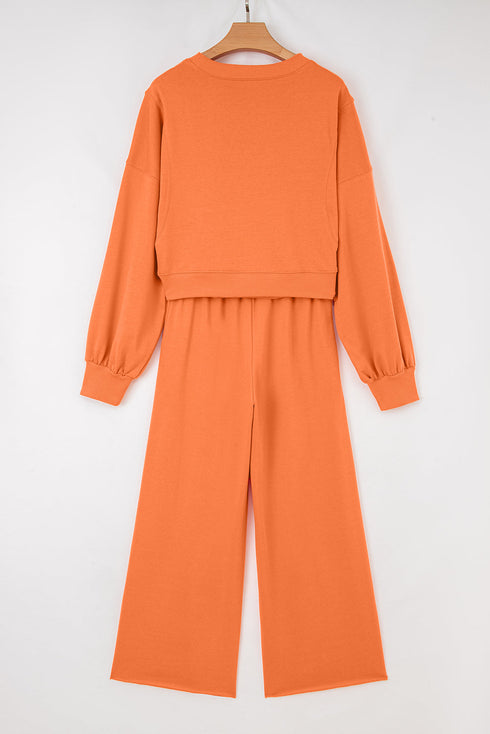 Puff Sleeve Crop Pullover Drawstring Wide Leg Pant Set