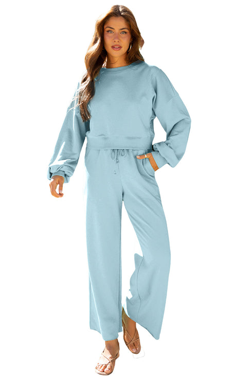 Puff Sleeve Crop Pullover Drawstring Wide Leg Pant Set