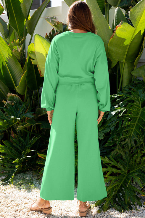 Puff Sleeve Crop Pullover Drawstring Wide Leg Pant Set