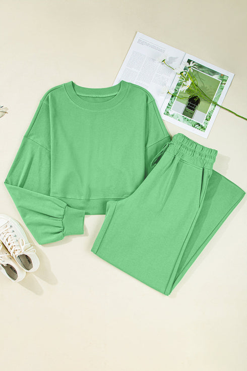 Puff Sleeve Crop Pullover Drawstring Wide Leg Pant Set