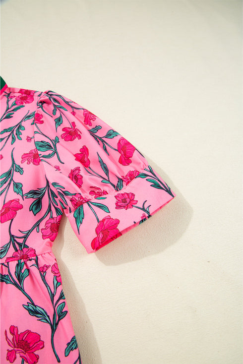 Puff Sleeve Floral Print Contrast Placket Tiered Midi Dress With Pockets