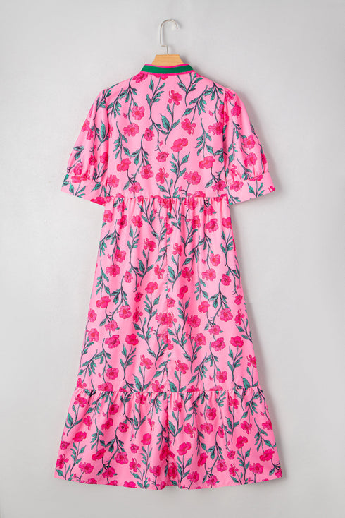 Puff Sleeve Floral Print Contrast Placket Tiered Midi Dress With Pockets