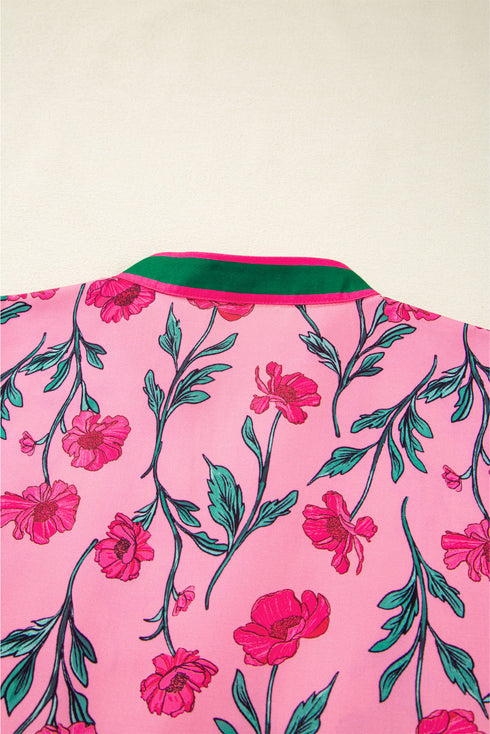 Puff Sleeve Floral Print Contrast Placket Tiered Midi Dress With Pockets