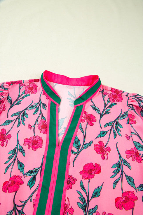 Puff Sleeve Floral Print Contrast Placket Tiered Midi Dress With Pockets