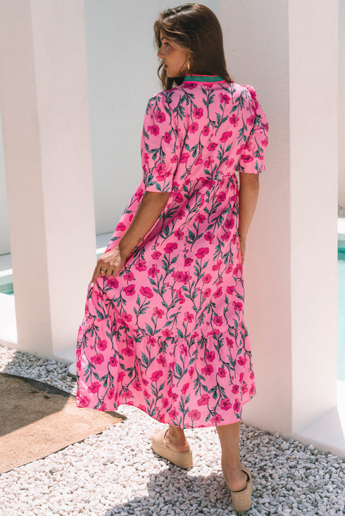 Puff Sleeve Floral Print Contrast Placket Tiered Midi Dress With Pockets
