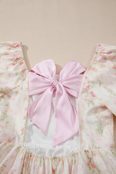 Puff Sleeve Knotted Open Back Ruffled Mini Floral Dress