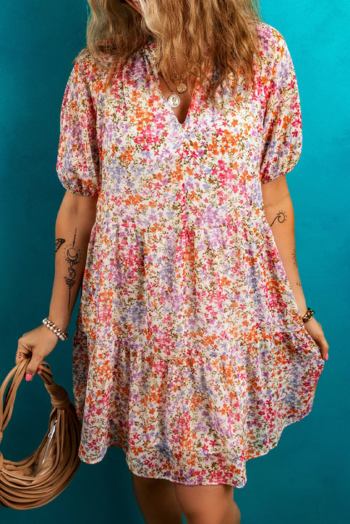 Puff Sleeve Notched V Neck Tiered Floral Mini Dress