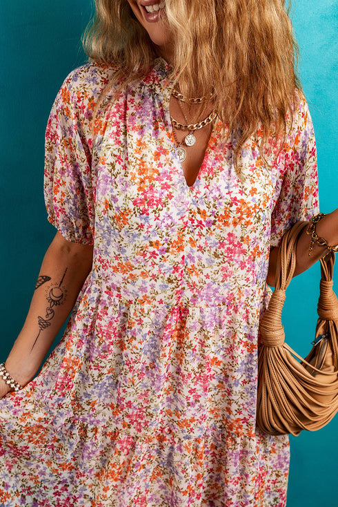 Puff Sleeve Notched V Neck Tiered Floral Mini Dress