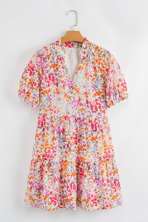 Puff Sleeve Notched V Neck Tiered Floral Mini Dress
