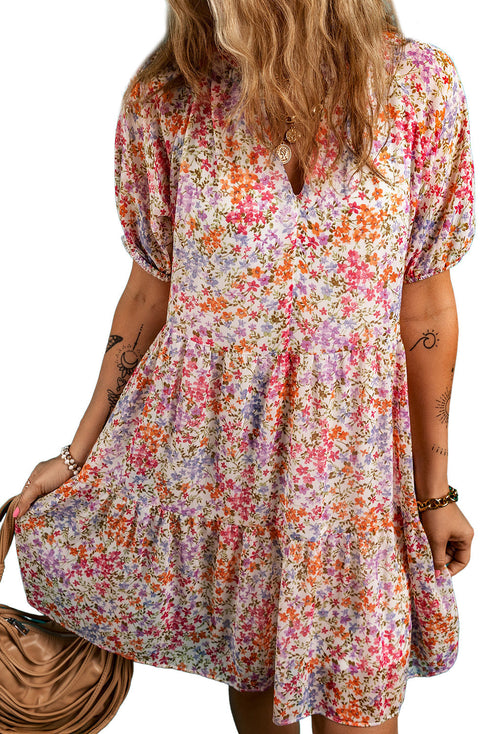 Puff Sleeve Notched V Neck Tiered Floral Mini Dress