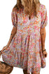 Puff Sleeve Notched V Neck Tiered Floral Mini Dress