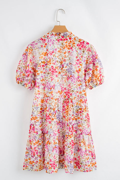 Puff Sleeve Notched V Neck Tiered Floral Mini Dress