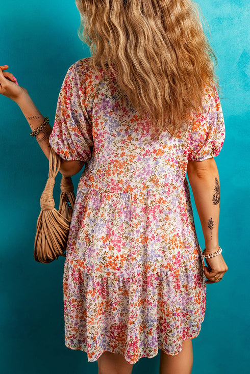 Puff Sleeve Notched V Neck Tiered Floral Mini Dress