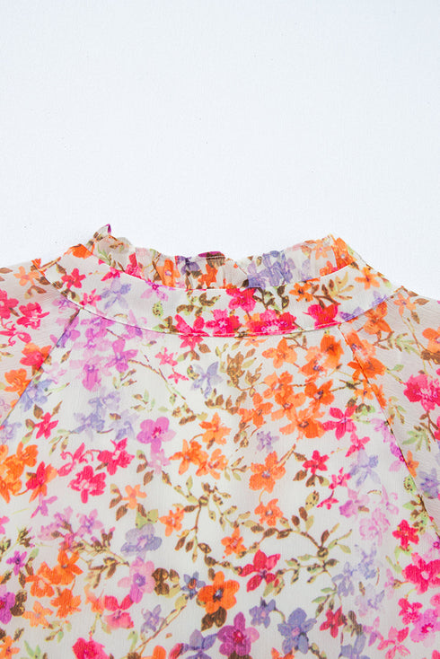 Puff Sleeve Notched V Neck Tiered Floral Mini Dress