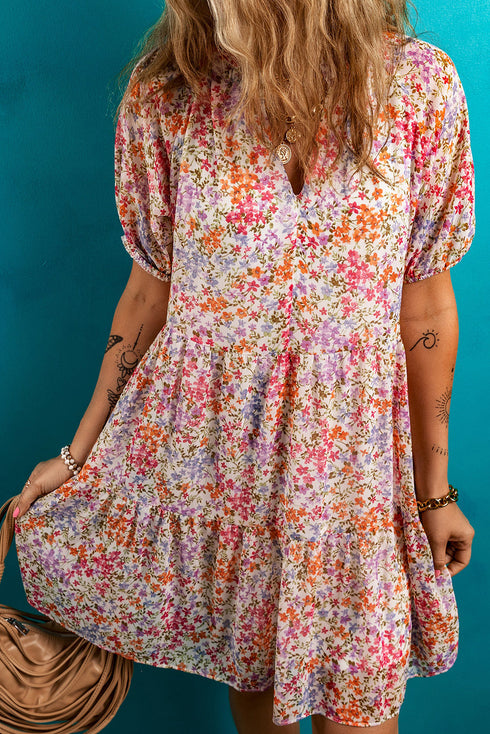Puff Sleeve Notched V Neck Tiered Floral Mini Dress