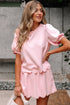 Puff Sleeve Pearl Embellished Scallop Trim Two Piece Dress