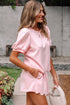 Puff Sleeve Pearl Embellished Scallop Trim Two Piece Dress
