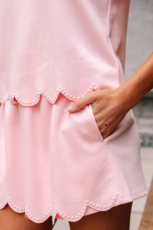 Puff Sleeve Pearl Embellished Scallop Trim Two Piece Dress