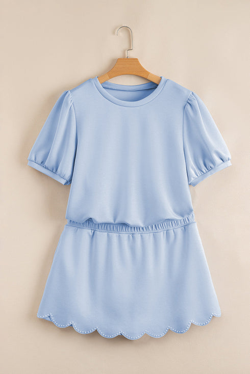 Puff Sleeve Pearl Embellished Scallop Trim Two Piece Dress