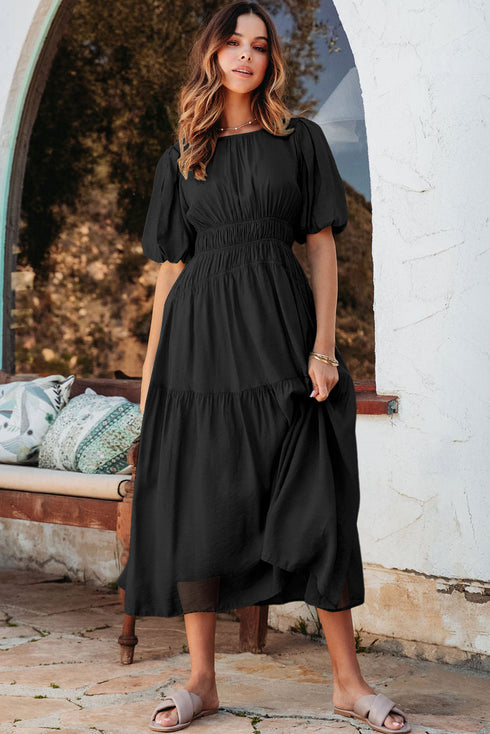 Puff Sleeve Pleated High Waist Flowy Long Dress