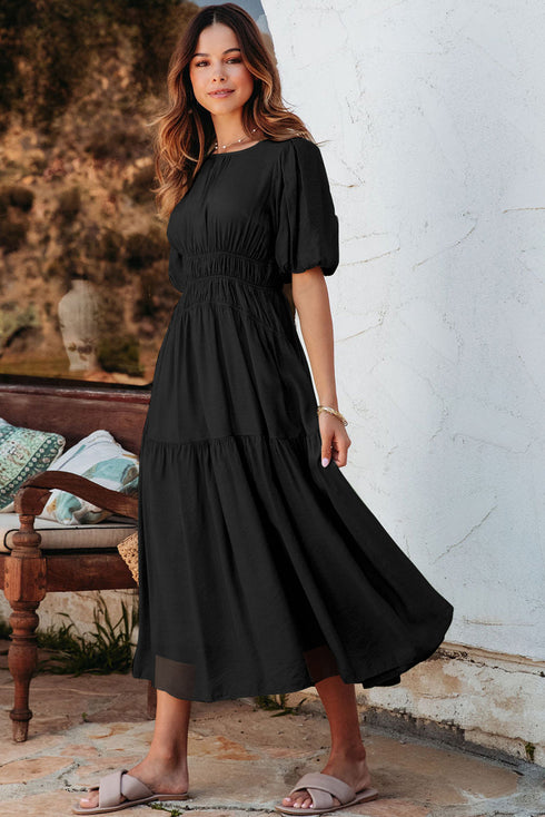 Puff Sleeve Pleated High Waist Flowy Long Dress