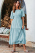 Puff Sleeve Pleated High Waist Flowy Long Dress