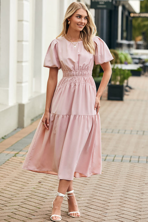 Puff Sleeve Pleated High Waist Flowy Long Dress