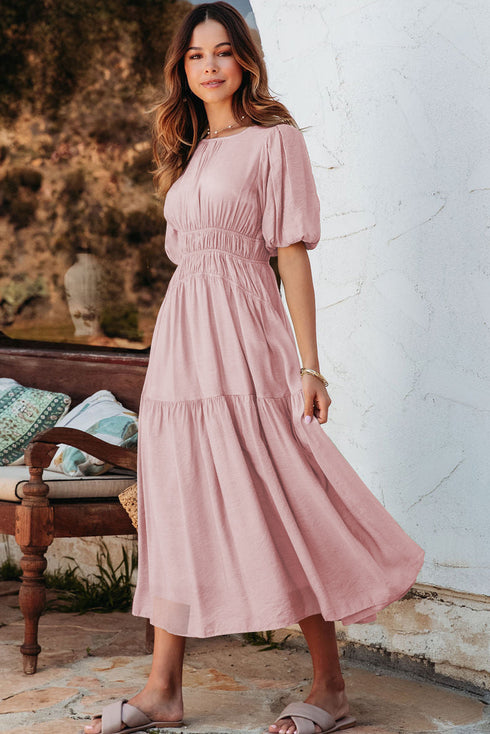 Puff Sleeve Pleated High Waist Flowy Long Dress