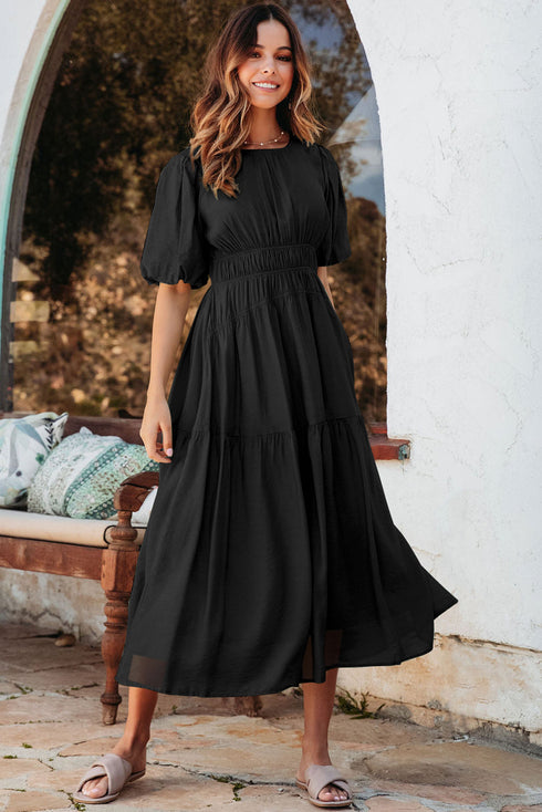 Puff Sleeve Pleated High Waist Flowy Long Dress