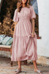 Puff Sleeve Pleated High Waist Flowy Long Dress