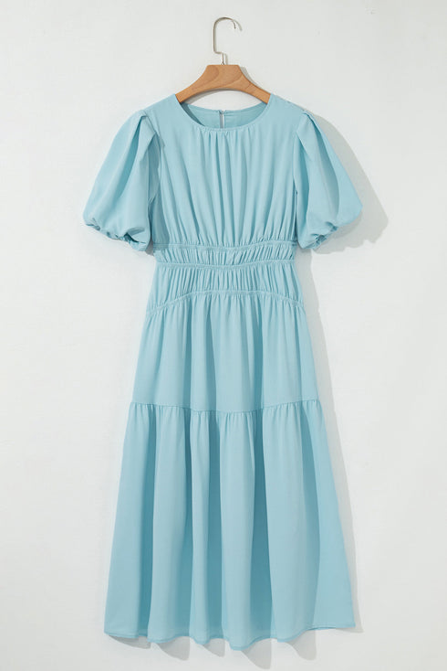 Puff Sleeve Pleated High Waist Flowy Long Dress