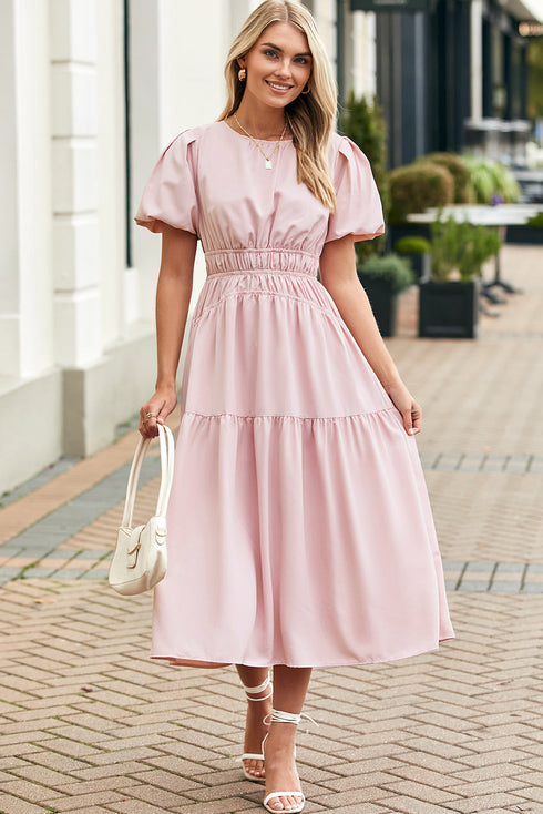 Puff Sleeve Pleated High Waist Flowy Long Dress