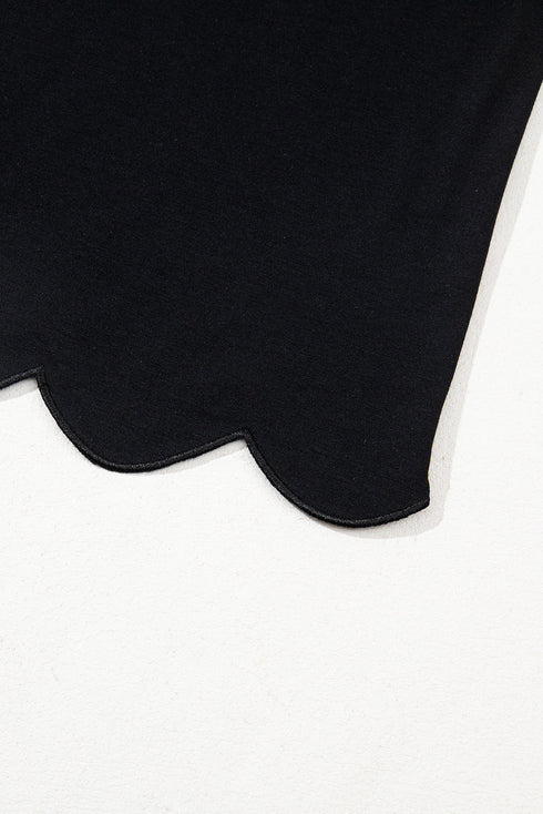 Puff Sleeve Scalloped Hem Blouse with Contrast Collar Detail