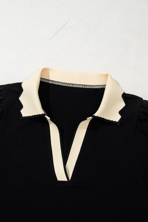 Puff Sleeve Scalloped Hem Blouse with Contrast Collar Detail
