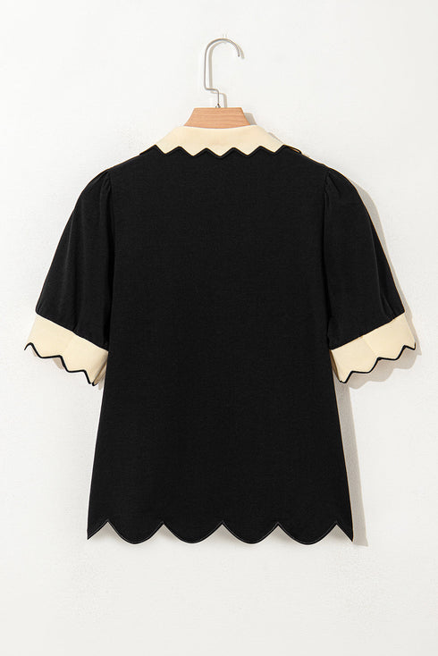 Puff Sleeve Scalloped Hem Blouse with Contrast Collar Detail