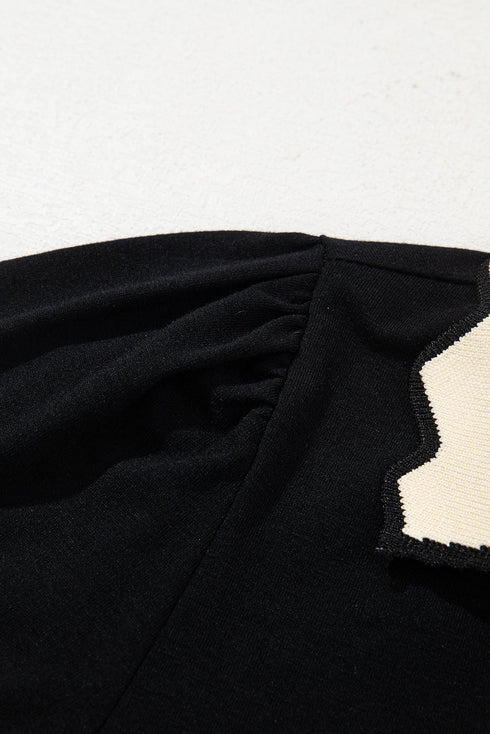 Puff Sleeve Scalloped Hem Blouse with Contrast Collar Detail