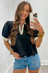 Puff Sleeve Scalloped Hem Blouse with Contrast Collar Detail