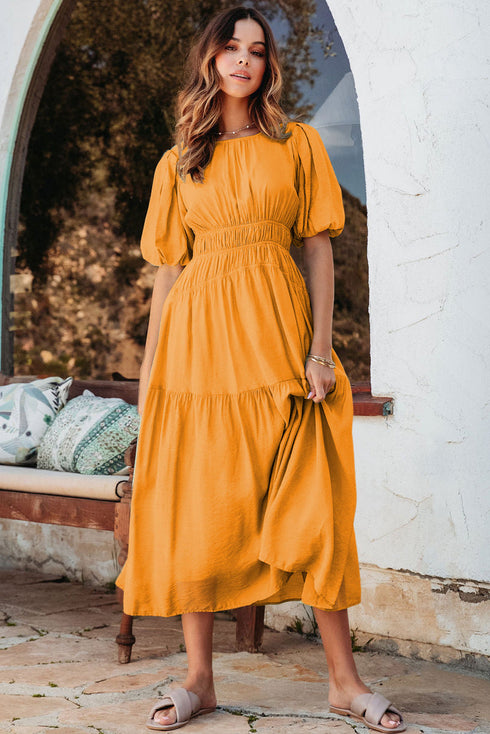 Puff Sleeve Smocked Waist Tiered Midi Dress