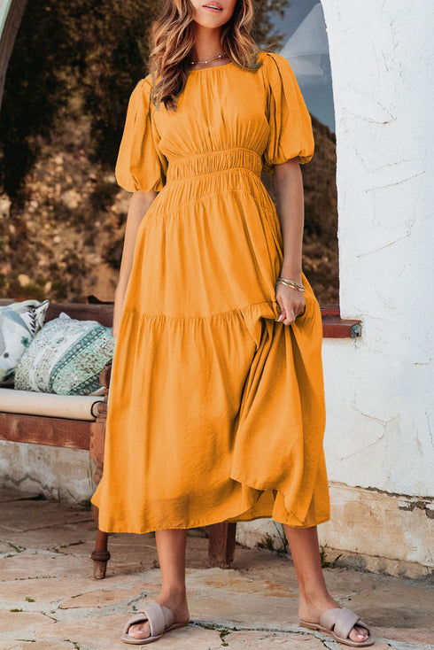 Puff Sleeve Smocked Waist Tiered Midi Dress
