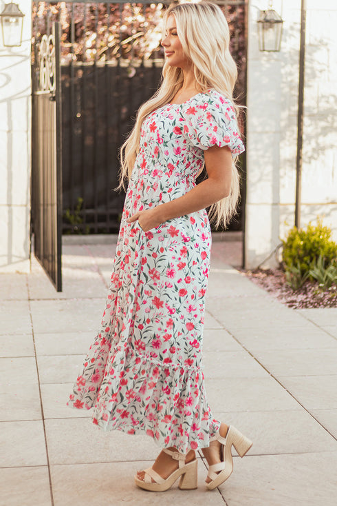 Puff Sleeve Square Neck Empire Waist Tiered Floral Dress