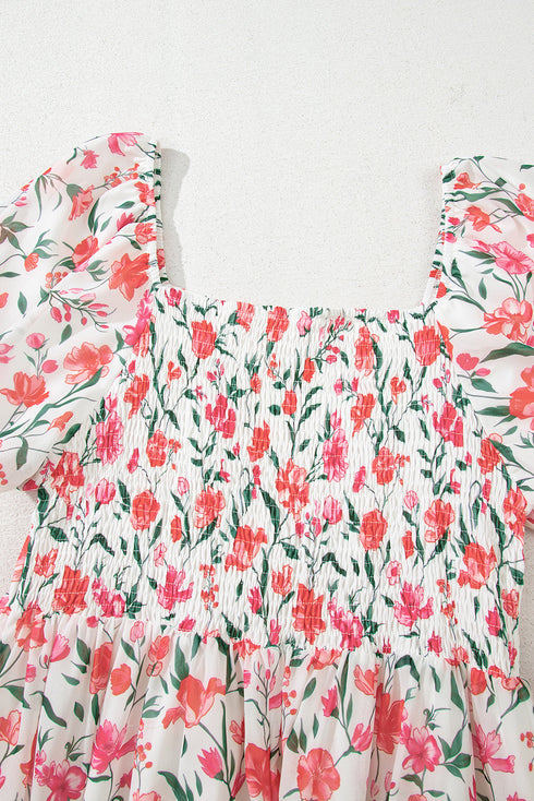 Puff Sleeve Square Neck Empire Waist Tiered Floral Dress