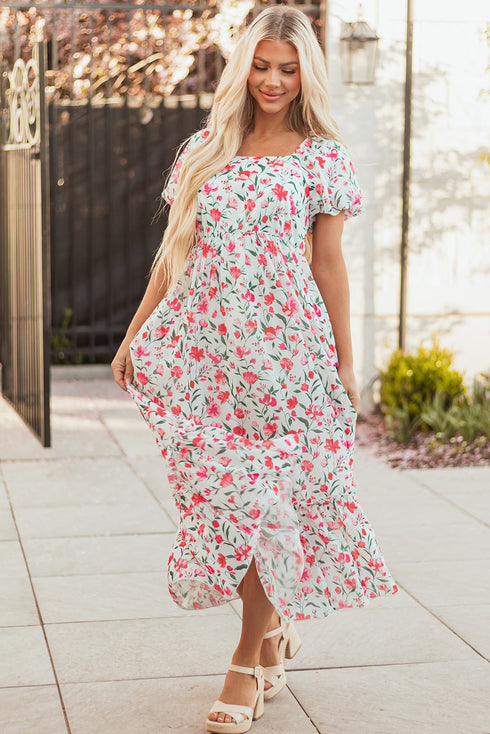 Puff Sleeve Square Neck Empire Waist Tiered Floral Dress