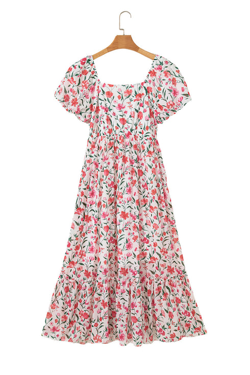 Puff Sleeve Square Neck Empire Waist Tiered Floral Dress
