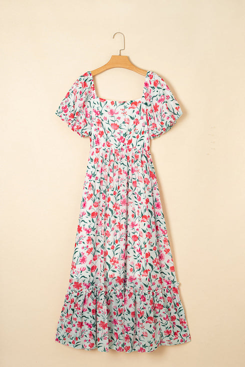 Puff Sleeve Square Neck Empire Waist Tiered Floral Dress