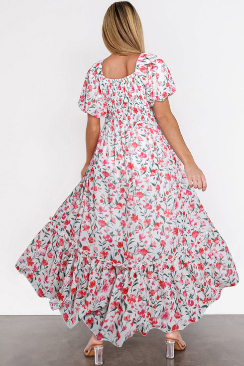 Puff Sleeve Square Neck Empire Waist Tiered Floral Dress